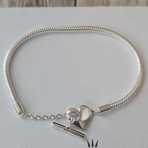 Pandora Silver Snake Chain Heart T-Bar Bracelet Size 8.25
